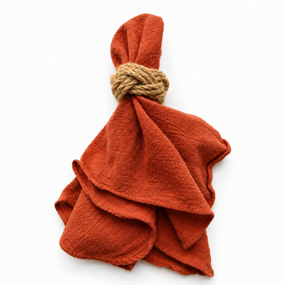 Terracotta cotton manta napkin with textured fabric styled in a natural rope napkin ring on a white background.
