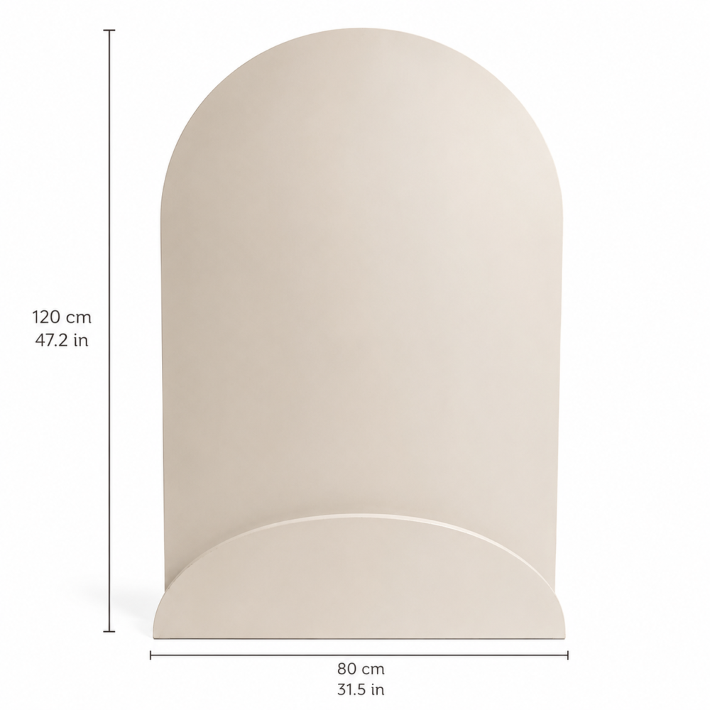 Freestanding wooden arch display stand with a sturdy base, measuring 120 × 80 cm, displayed on a white background.
