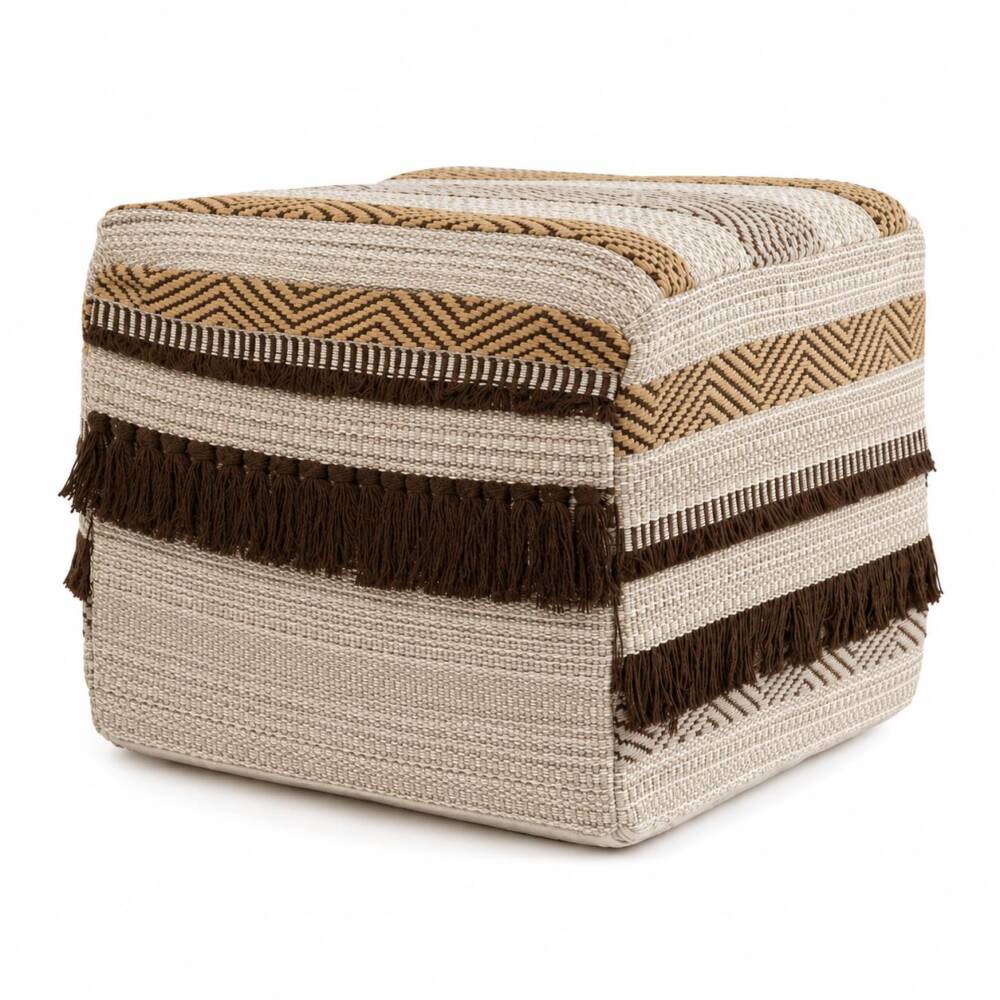 A detailed square textured pouf featuring a complex pattern of light beige and medium brown woven chevron stripes, accented by two prominent tiers of long, dark brown fringe trim on two faces.