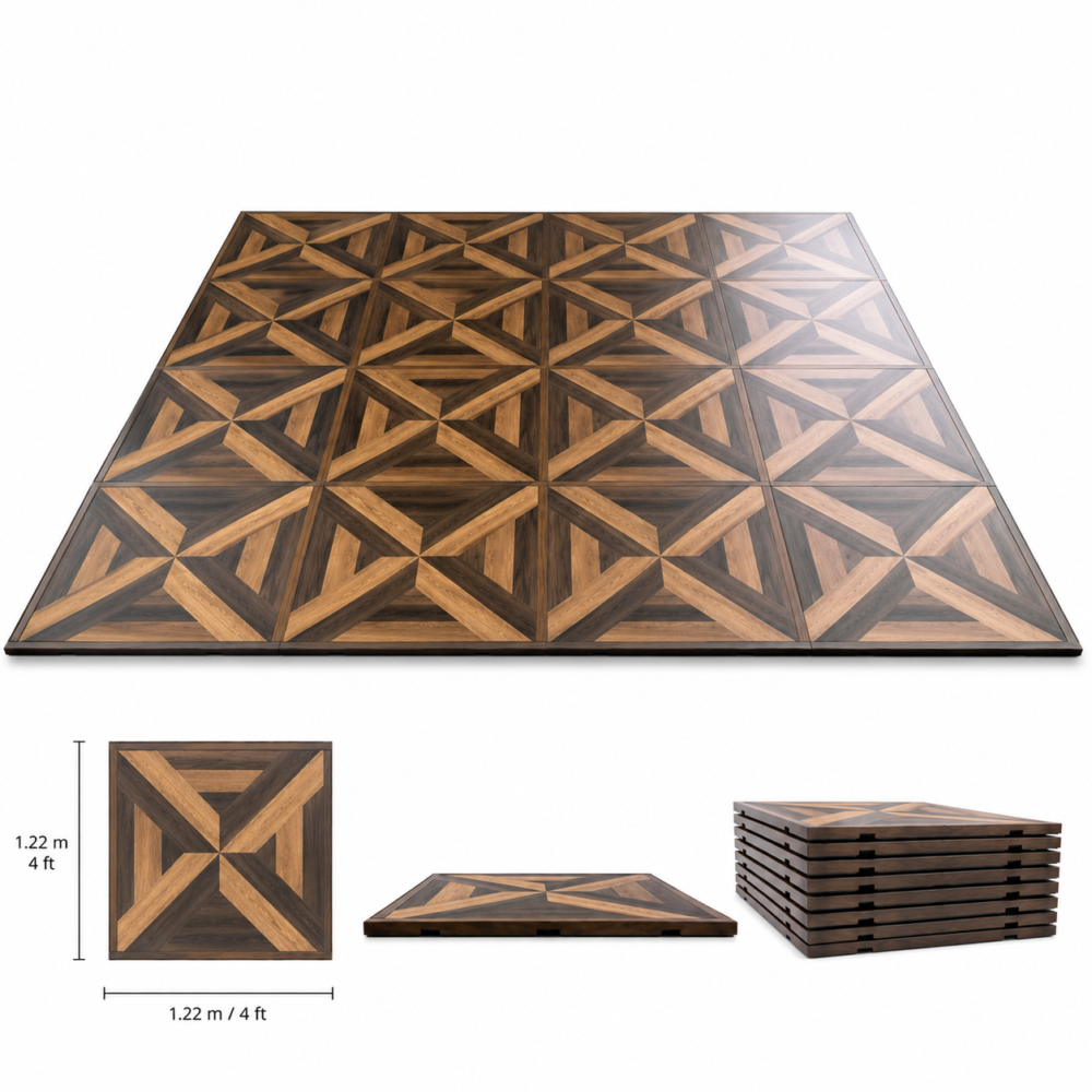 Modular Art Deco vinyl dance floor with a geometric wood-look pattern for weddings and special events.