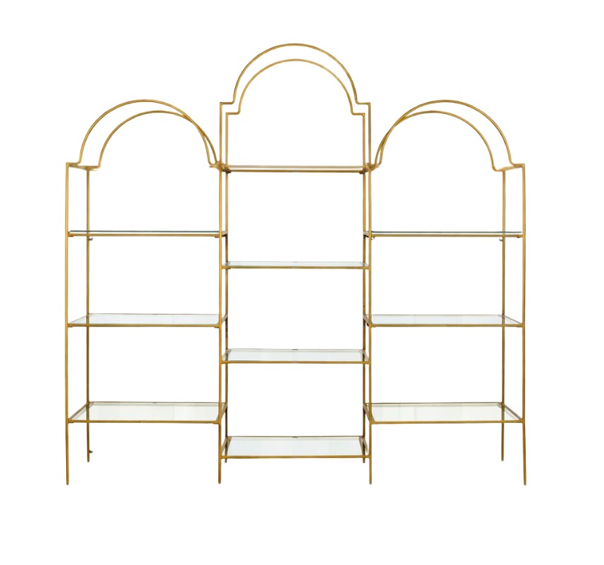 Three-piece gold display shelf with glass shelves for wedding welcome displays, desserts, favors, drinks, and event décor.