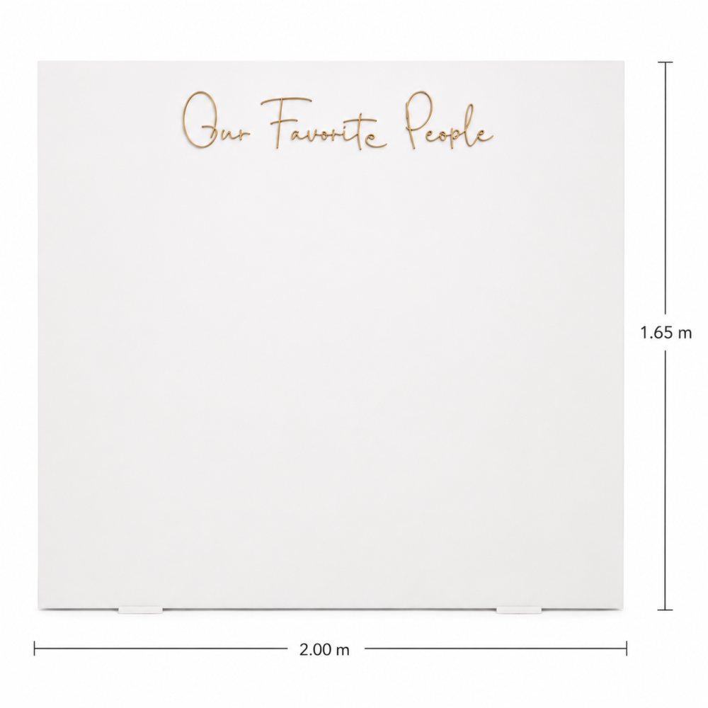 White personalized photo display wall with a custom “Our Favorite People” acrylic header, designed for weddings and special events.