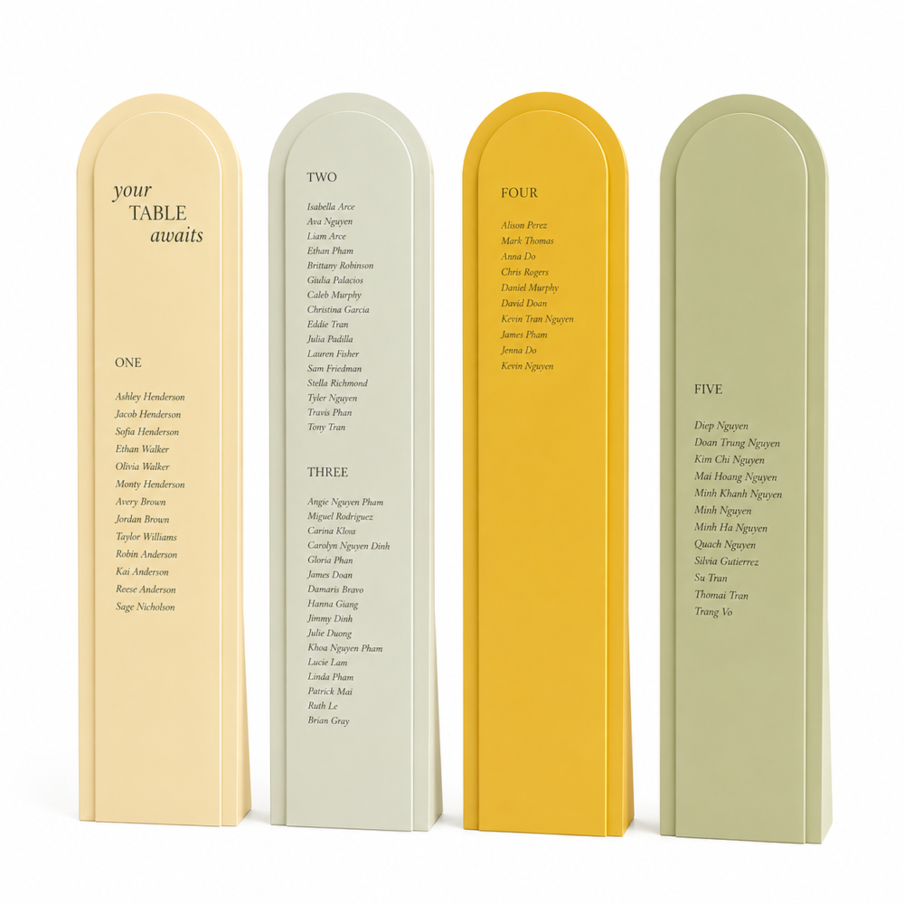 Set of four personalized event panels in custom colors, designed for seating charts, welcome signs, and custom event displays.