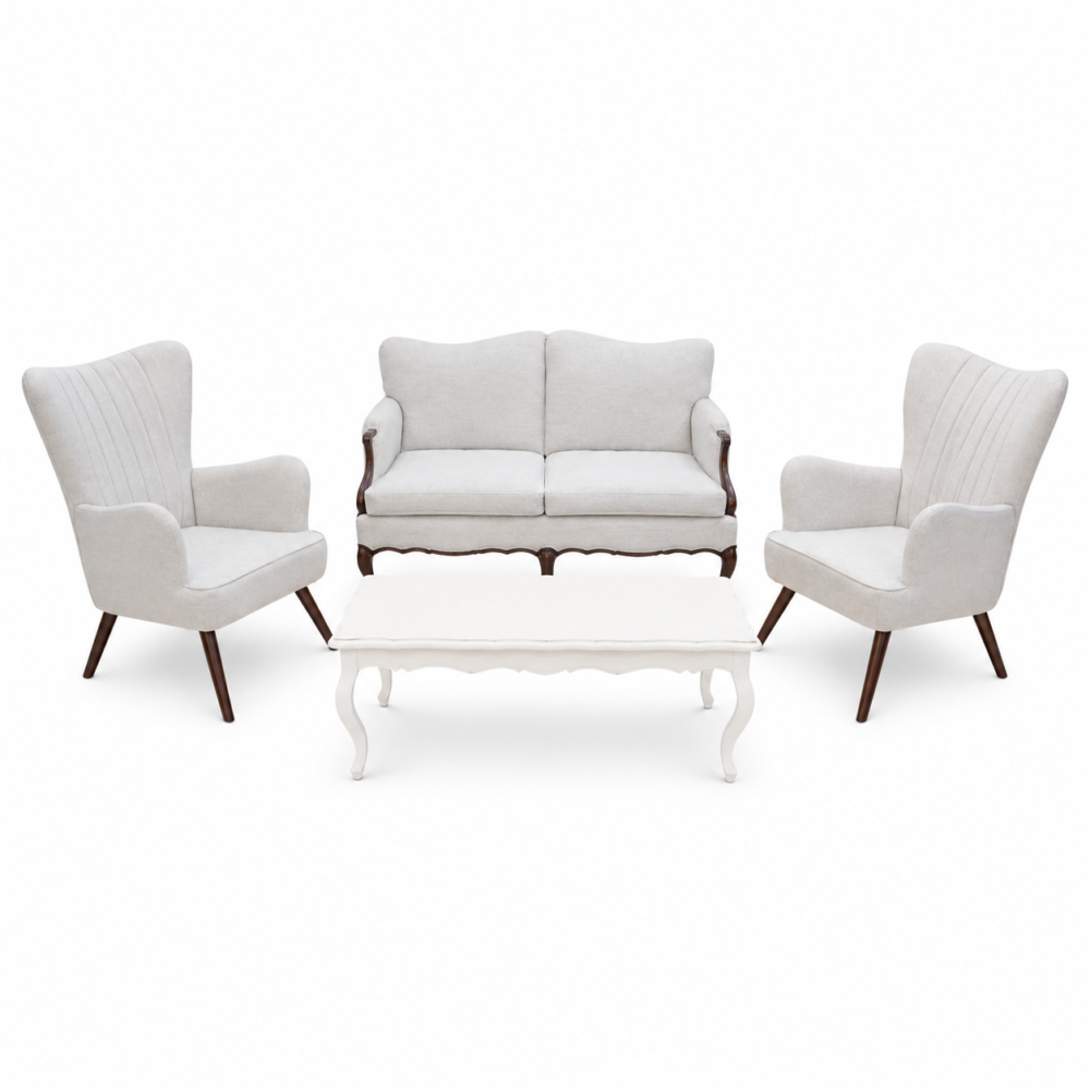 Emily Lounge rental featuring a beige loveseat, two armchairs, and a white coffee table for weddings and special events.