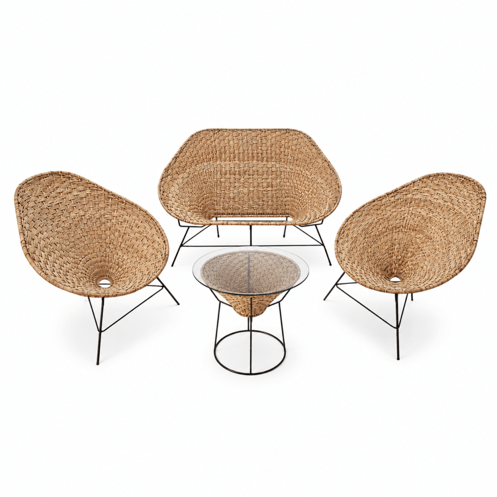 Acapulco Woven Lounge with handcrafted woven seating and round glass coffee table for wedding and event rentals.