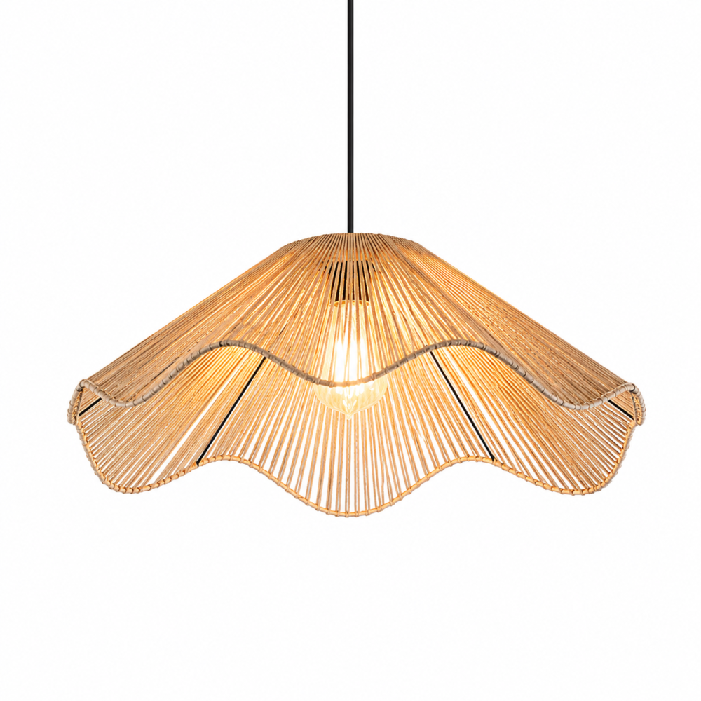 Handwoven coral-shaped rattan hanging light for weddings and special events on a white background.