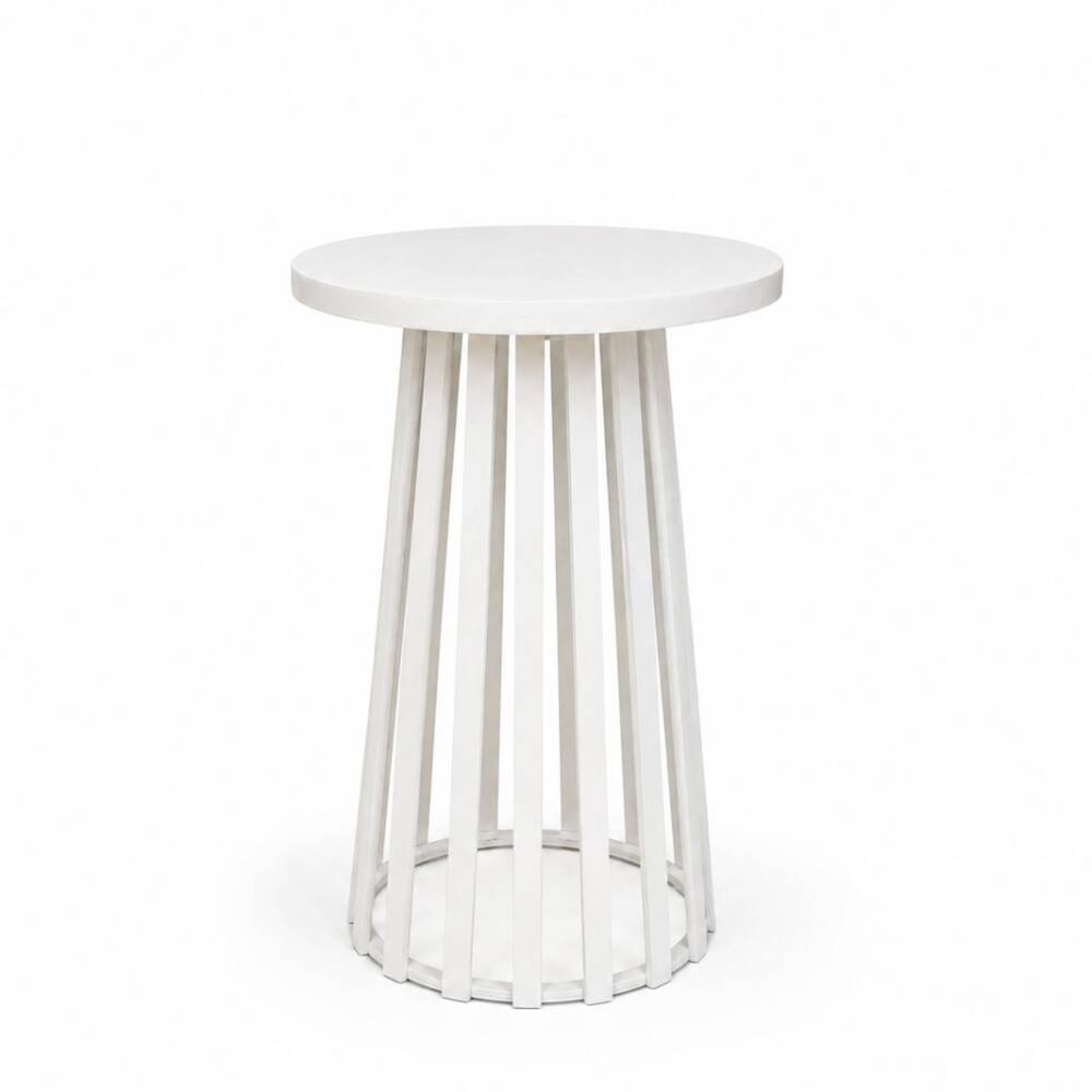 Mita Cocktail Table featuring a handcrafted wooden slatted base and round tabletop on a white background.