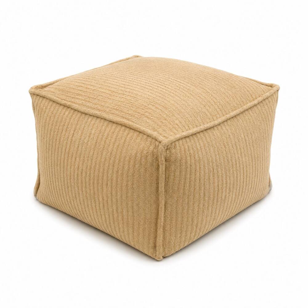 A square, sand-colored textured corduroy fabric pouf with stitched piping along the edges, centered on a bright white background.