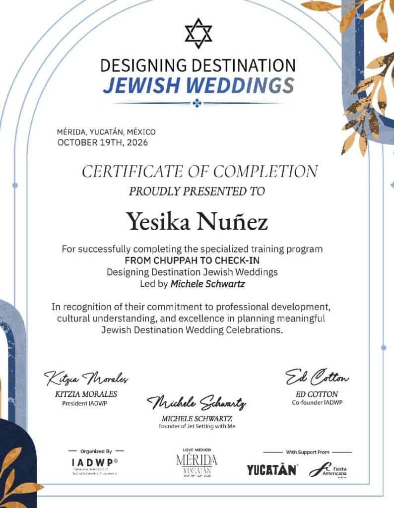 Certificate of completion, Designing Destination Jewish Weddings, awarded to Yesika Nuñez by IADWP, Mérida 2026